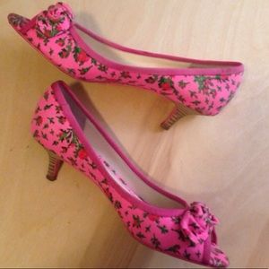 Betsey Johnson Fabric Floral Pink Kitten Heels